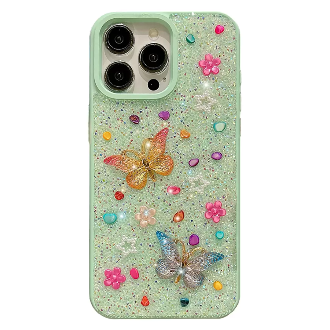 iPhone 15/iPhone 14 Butterfly and Diamond Bling Case Green